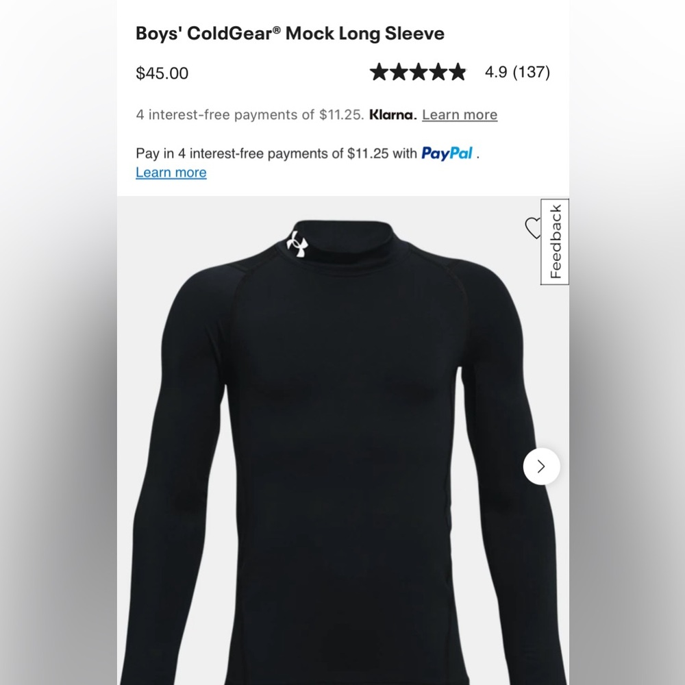 Under Armour Cold Gear Mock Shirt Youth XL Black